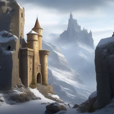 a keep on a (rock spire), battlement, Machicolations, a stairway to the keep, doorway, mountain in background, very wide shot, fantasy, atmospheric effects, snow, best quality, masterpiece, realistic, photo-realistic, amazing, finely detail, ultra-detailed, highres, extremely detailed, 8k wallpaper