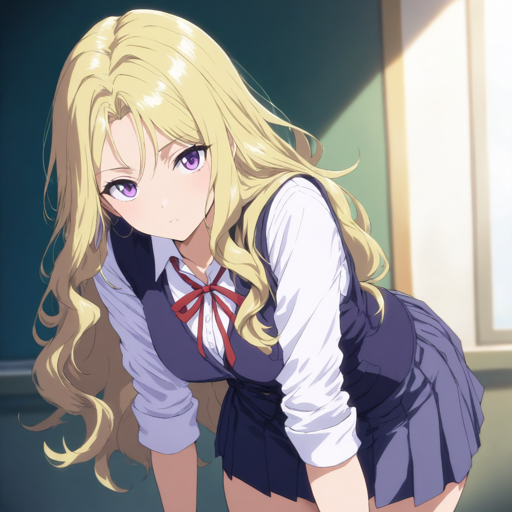 solo,looking at viewer,cowboy_shot,masterpiece,high score,great score,absurdres,school uniform,skirt,white shirt,red ribbon,vest,<lora:Seito2_kisaku ag4o v1:1> seito2, blonde hair, long hair, purple eyes,