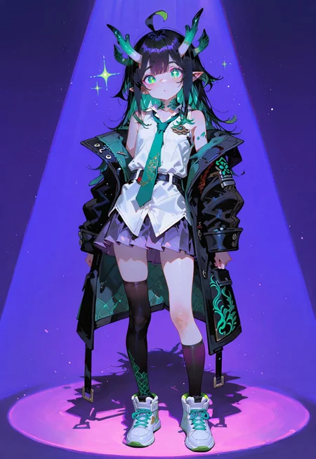 looking at viewer,full body shot,standing

1 girl,petite,loose unruly messy hair,messy bangs,black hair,green accents hair,fair skin,dragon horns,green eyes,(sparkling eyes:1.1),freckles,ahoge,pointy ear

Large Black coat with green accent,coat hanging sleeves,(white sleeveless buttoned shirt tucked in:1.1),green tie, exposed shoulder,dark purple skirt,(black stocking:1.1),white sneakers

Color background, bright purple background,(shadow:1.2), light from front,glimmer, [scales design], sparkling,(analgylph:1.5),(spotlight:1.2),(purple hue:0.8),(colors green glowing:1.3)

Cunnystyle,748cmstyle,Smooth_Quality,masterpiece,best quality,amazing quality, aesthetic,(vibrant colors:1.7),(bold lines:1.3),(saturated:1.6)