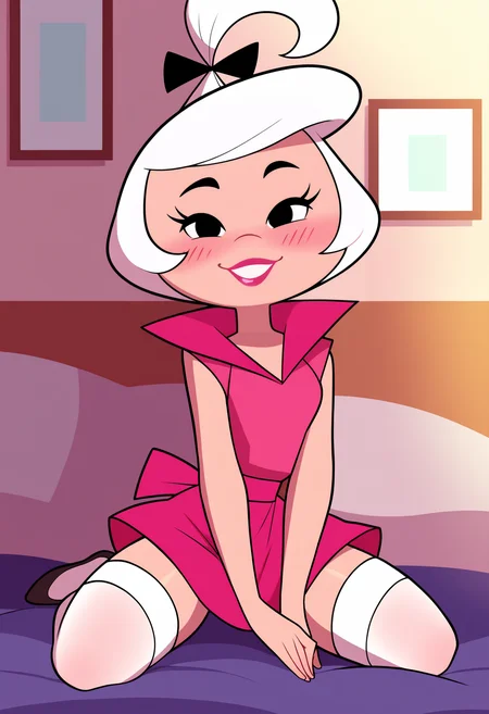 masterpiece, best quality, very aesthetic, absurdres,
1girl, judy, white hair, black eyes, lipstick, black hair bow, topknot,
blush, smile, maid outfit, kneeling, stockings, looking at viewer, solo, indoors, bedroom background <lora:JudyJetsonNoobXL_byKonan:1>