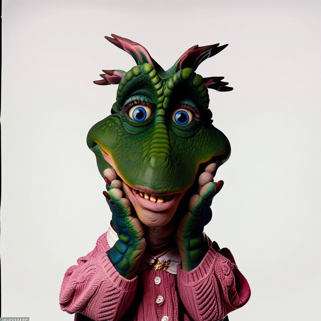 score_9,score_8,score_7,score_6up, fran_sinclair, fran_dinosaurs, dinosaur girl, safe, official art, official style, solo, blue eyes, green skin, white background, looking at viewer, simple background, smile, sweater, pink sweater, no humans, colored skin, hands on own face, teeth, watermark,