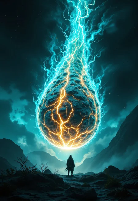 From the ground, an epic celestial event unfolds as a massive, teal and gold fiery magical asteroid hurtles through the sky, its sheer size and glowing brilliance dominating the heavens. The angle captures the asteroid from below, emphasizing its immense scale as it looms closer to Earth. Its surface glows with swirling, vibrant teal flames that twist and flare like waves of liquid fire, accented by streaks of golden energy that pulse and crackle with arcane power. A shimmering comet-like tail of sparkling turquoise and amber trails behind it, illuminating the night sky in a dazzling display. Iridescent runes etched along the asteroid’s edges radiate light in rhythmic pulses, their arcane patterns shifting and glowing brighter as the asteroid approaches. The landscape below is awash in an ethereal glow, shadows stretching and shifting under the surreal hues of teal and gold. People on the ground gaze upward, their silhouettes framed against the breathtaking, otherworldly spectacle, while the air itself vibrates with an electric hum, thick with magical energy