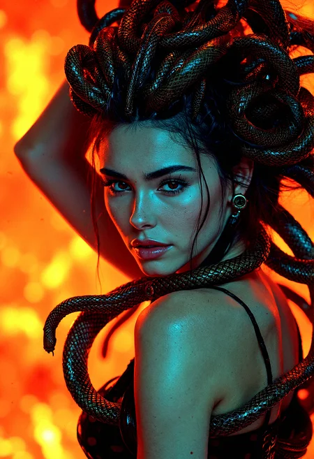 extremely realistic depiction of Gorgon queen Medusa, A powerful portrayal of Medusa, with extremely intricate snake hair, golden eyes, long fingernails, and a black leather outfit, standing in a fiery infernal setting.Scaly Skin Detail, Subtle, almost imperceptible scales on her skin, blending seamlessly with her complexion.Neon Edge Lighting, A subtle, glowing edge around Medusa, adding a modern twist to her mythic aura.Dark Allure, A slight smirk, with a confident, alluring gaze.
High-gloss finish on her lips to catch the light.Dynamic Shadows, Shadows that shift and change with the light, adding complexity.Sharp Eyeliner, Crisp, clean eyeliner to make her gaze more piercing.Rugged Snake Scales, Rougher texture on some of the snakes’ scales, creating visual contrast.Glossy Snake Eyes, High-gloss finish on the snakes’ eyes to make them appear more lifelike.Metallic Shine on Jewelry, High-shine finish on her jewelry to catch light dynamically.Medusa with one arm raised, Snakes hissing, ready to strike.