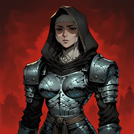 masterpiece, best quality, newest, absurdres, highres, anime, anime style, 1girl, DDVESTL-V1.0, 1girl, armor, hood, shoulder pads, breastplate, shoulder armor, pauldrons, black eyes, shaded eyes,