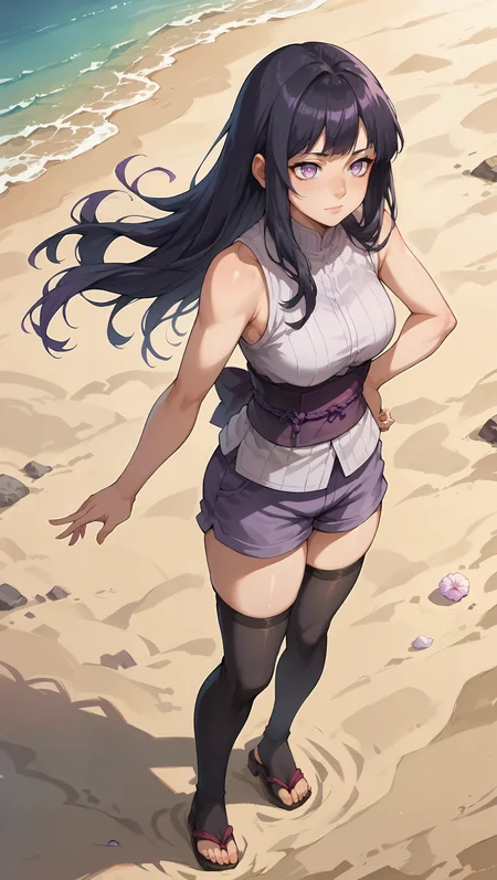 score_9,score_8_up,score_7_up,score_6_up, source_anime, zPDXL, girl, long hair, black hair, purple eyes, empty eyes, purple japanese clothes, obi, sleeveless, purple shorts, thighhighs, <lora:Wakfu_CartoonV02:0.5>, <lora:xl_more_art-full_v1:0.5>, <lora:Hinata Hyuga-000004:0.8>, looking over her shoulder, beach, sand, outdoors,