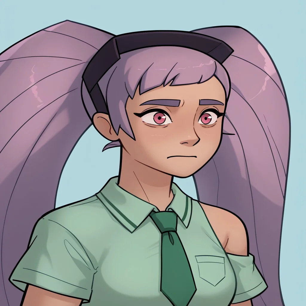 score_9, score_8_up, score_7_up, relatedguy, bust shot, solo, bare shoulders, CHEntrapta, simple background, one colour background, light blue background, Guilty, Downcast eyes, slumped shoulders, and a slightly ashamed expression, School Uniform, Green Tie, Green Collar Shirt, Skirt, Pleated Skirt, Short Sleeves, Long Socks,