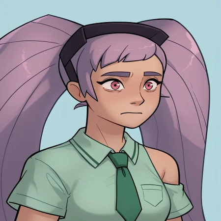 score_9, score_8_up, score_7_up, relatedguy, bust shot, solo, bare shoulders, CHEntrapta, simple background, one colour background, light blue background, Guilty, Downcast eyes, slumped shoulders, and a slightly ashamed expression, School Uniform, Green Tie, Green Collar Shirt, Skirt, Pleated Skirt, Short Sleeves, Long Socks,