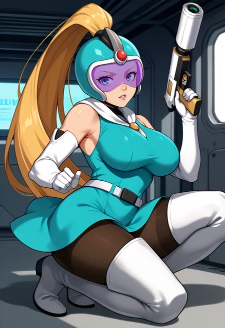 score_9, score_7_up, source_anime, 1girl, kneeling, on one knee, looking at viewer, parted lips, holding gun, ray gun, <lora:SilviaVJ-pdxl:1> silvia, ponytail, blonde hair, very long hair, helmet, cyan dress, cyan leotard, bare shoulders, large breasts, white gloves, elbow gloves, white belt, pantyhose, thigh boots, white footwear, science fiction, indoors