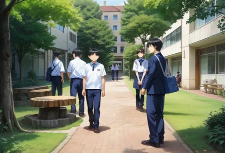 score_9, score_8_up, score_7_up, rating_safe, masterpiece, best quality, absurdres, unity 8k wallpaper, official art, official style, source_anime, uncensored, game cg, megami magazine,
nakaniwa, multiple boys, outdoors, tree, day, scenery, building, school uniform, black hair
 <lora:gakkou_nakaniwa_PONY_V1:1>