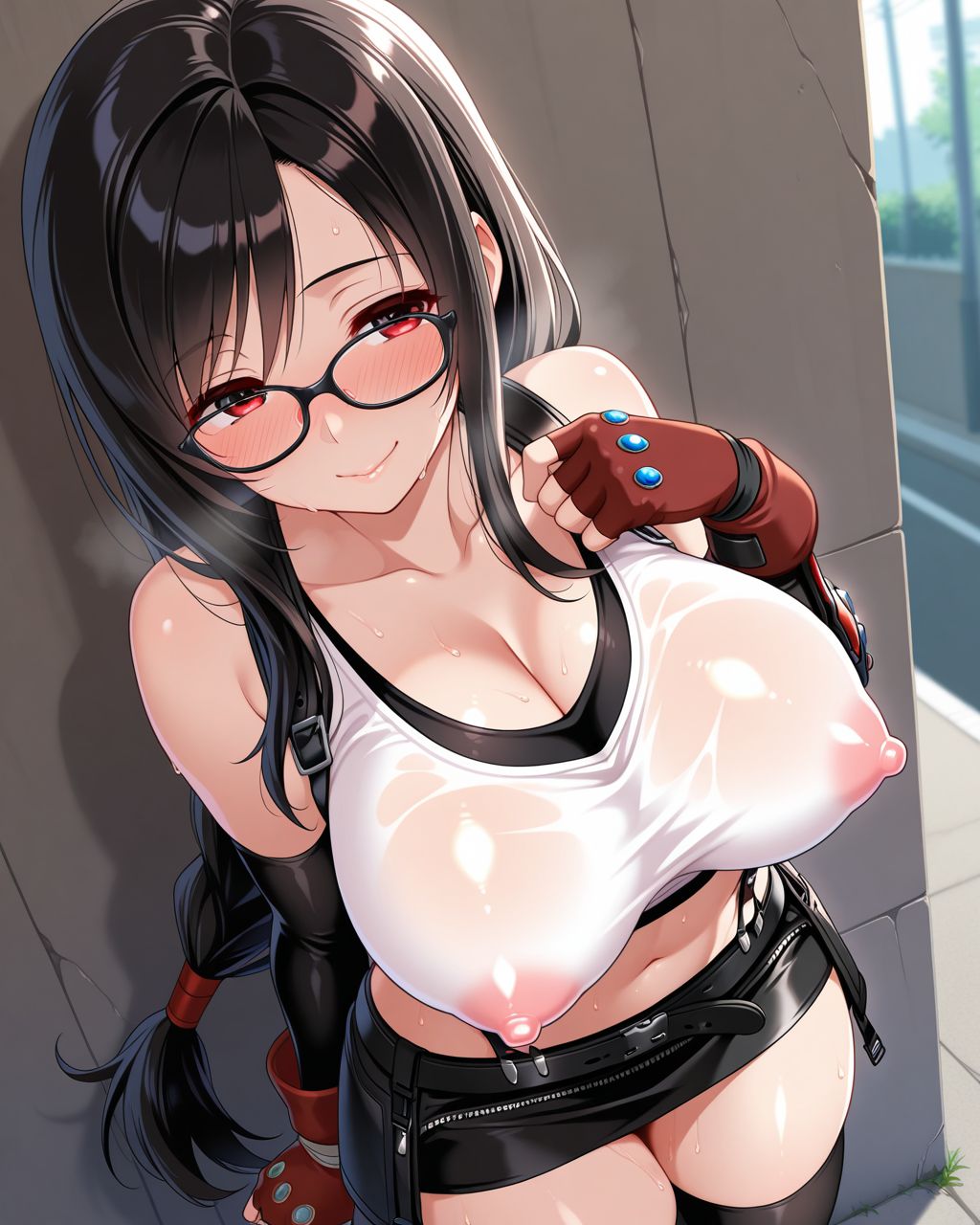 solo, standing, BREAK
1girl,big breasts,lovestruck,seductive smile,in heat,embarrassed,BREAK
(hanekawa tsubasa:0.2),black hair, long hair,single braided ponytail, black-framed eyewear,tifa lockhart \(cosplay\),BREAK
shiny skin,erect nipples,outdoors, sweat,BREAK
masterpiece,best quality,amazing quality,explicit,   <lora:SM_N_ILL_r2:0.8>