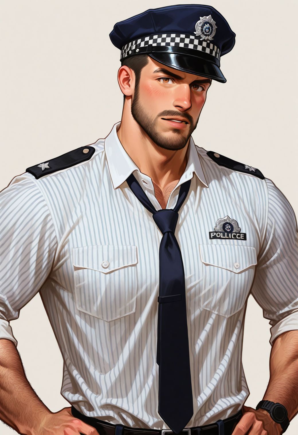 blush,parted lips,hands on own hips,white shirt,striped shirt,collared shirt,loose necktie,looking at viewer,
1boy,bara,muscular male,mustache,brown eyes,black hair,long sideburns,hairy,mustache,simple background,
very awa,masterpiece,best quality,absurdres,newest,perfect quality,detailed background,intricate details,<lora:cm-vc:0.6>,<lora:chequered_police_helmet_UK_police_hat:0.5>,police hat,