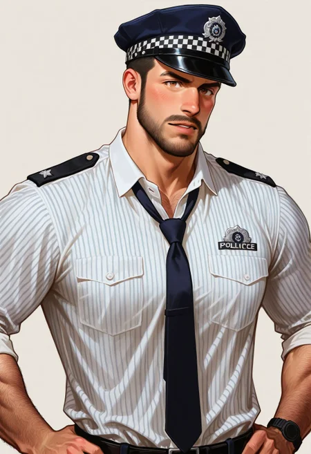 blush,parted lips,hands on own hips,white shirt,striped shirt,collared shirt,loose necktie,looking at viewer,
1boy,bara,muscular male,mustache,brown eyes,black hair,long sideburns,hairy,mustache,simple background,
very awa,masterpiece,best quality,absurdres,newest,perfect quality,detailed background,intricate details,<lora:cm-vc:0.6>,<lora:chequered_police_helmet_UK_police_hat:0.5>,police hat,