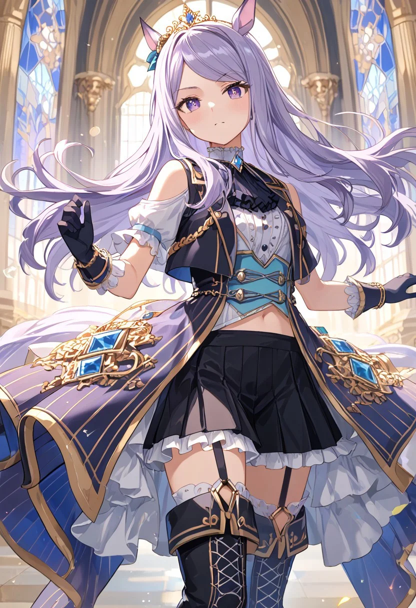 指令: score_9, score_8_up, score_7_up, masterpiece, official art, megami magazine, high quality, 1girl, elegant royal dress, frilly layered skirt, gold-trimmed bodice, lace gloves, thigh-high boots, flowing cape, gemstone details, royal tiara, horse ears, horse tail, long purple hair, looking at viewer, anxious, blush, floral embroidery, sparkling jewels, delicate patterns, majestic, high-class setting, castle background, violet eyes, moonlit