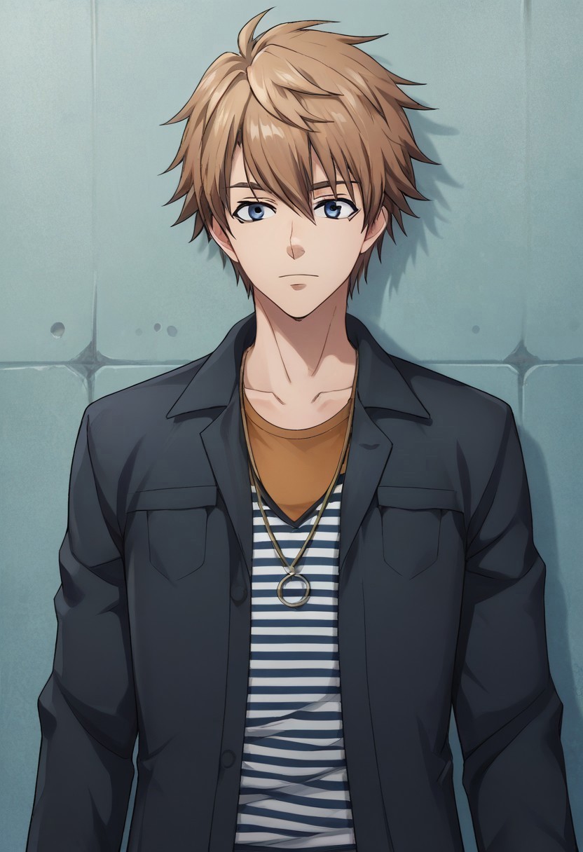 score_9, score_8_up, score_7_up, source_anime, highly detailed,

yuto, 1boy, male focus, solo, brown hair, hair between eyes, blue eyes, striped, striped shirt, jacket, black jacket, open jacket, open clothes, pants, black pants,  jewelry, necklace, upper body,

indoor, 
