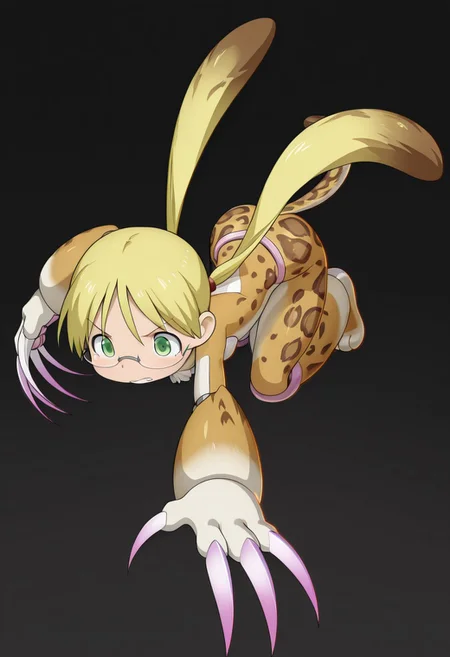 masterpiece, best quality, amazing quality, riko \(made in abyss\), blonde hair, green eyes, semi-rimless eyewear, long hair, low twintails, xdive, android, Clawroline, full body, detailed background, black background, dynamic pose, crouching, feline, fur, long claws