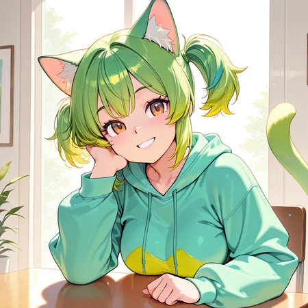 1girl, Klover, hoodie, smiling, leaning on table <lora:Klover Illustrious:1>