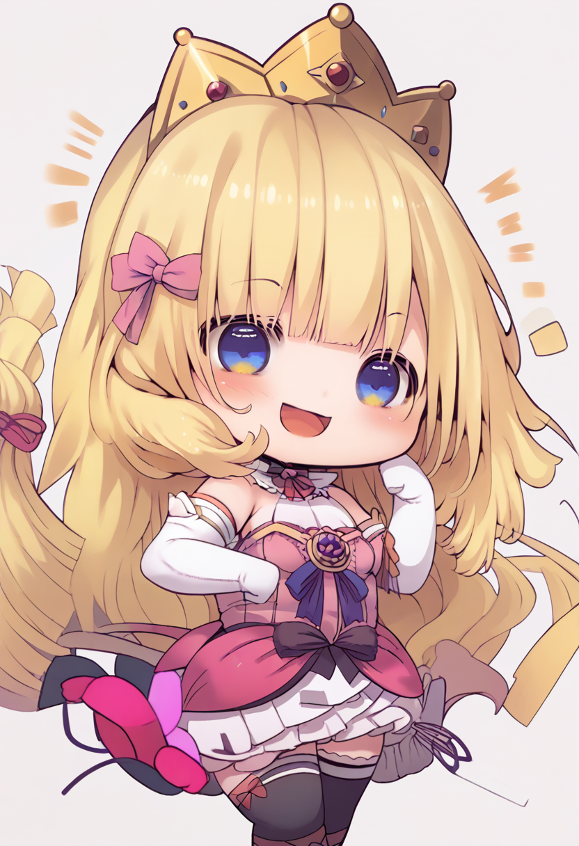 score_9, score_8_up, score_7_up,source_anime,anatomically correct,best perspective BREAK
<lora:BeniShake chibistyle:1> benishake chibistyle,  chibi, happy, open mouth, 1girl, solo, 
 <lora:PrincessRutee:1>  rutee, blonde hair, long hair, blue eyes, thighhighs, dress, pink dress, crown, gloves, elbow gloves, white gloves, ribbon, detached sleeves, pink footwear,