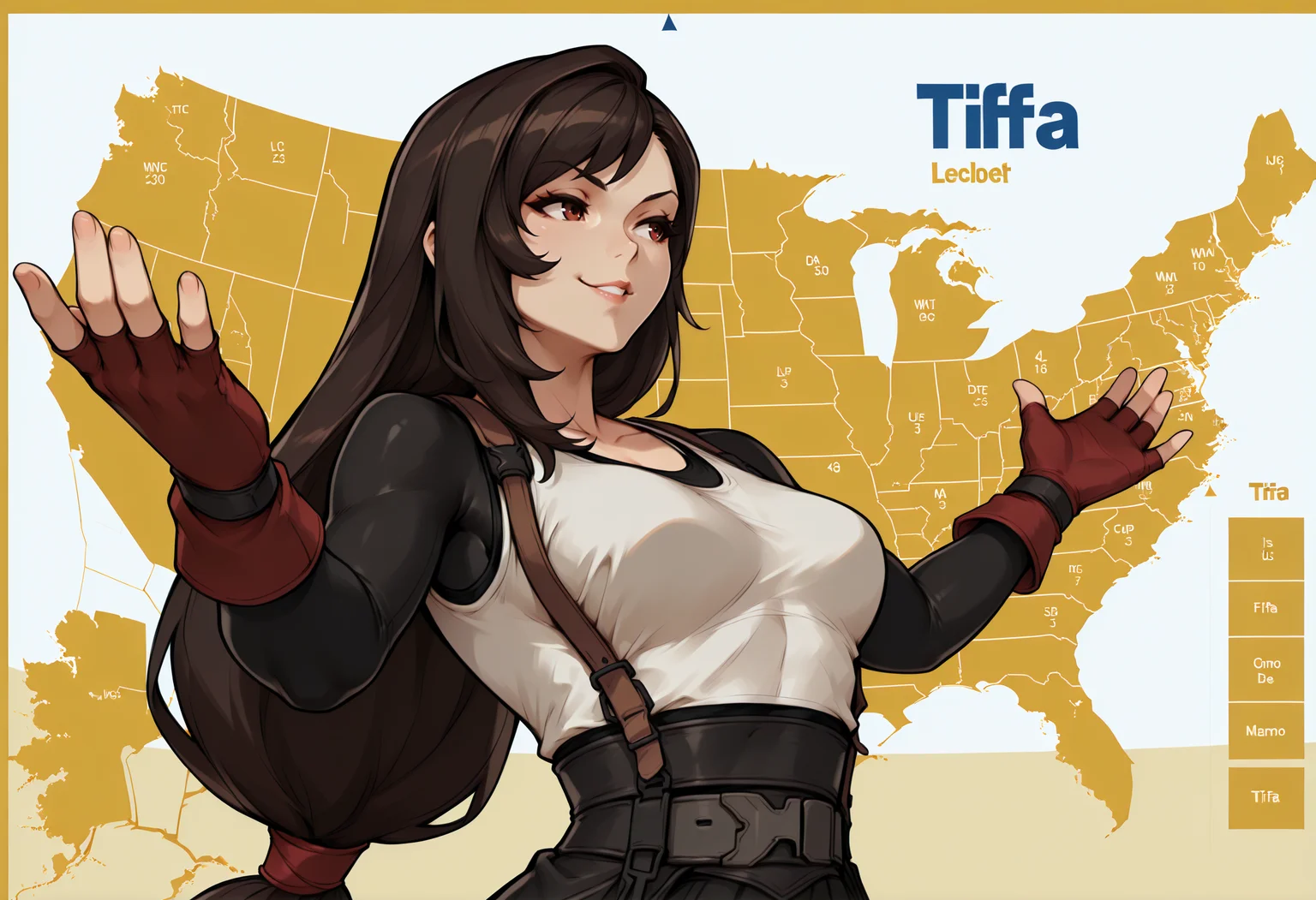 masterpiece, best quality, map, united states, outstretched arms, upper body, yellow background, white background, english text, <lora:JebWinsMeme_illusXL_Incrs_v1:1>, 1girl, looking to the side, seductive smile, tifa lockhart,