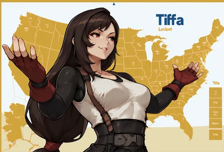 masterpiece, best quality, map, united states, outstretched arms, upper body, yellow background, white background, english text, <lora:JebWinsMeme_illusXL_Incrs_v1:1>, 1girl, looking to the side, seductive smile, tifa lockhart,