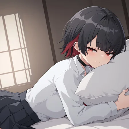 embedding:urn:air:sd1:embedding:civitai:222256@250708, 1girl, KJOellen, short hair, multicolored hair, black hair, red eyes, ear piercing, kumasteam, lying, on stomach, from side, on bed, school uniform, white collared shirt, black pleated skirt, choker, blush, half-closed eyes, looking at viewer, pillow hug, smile, 