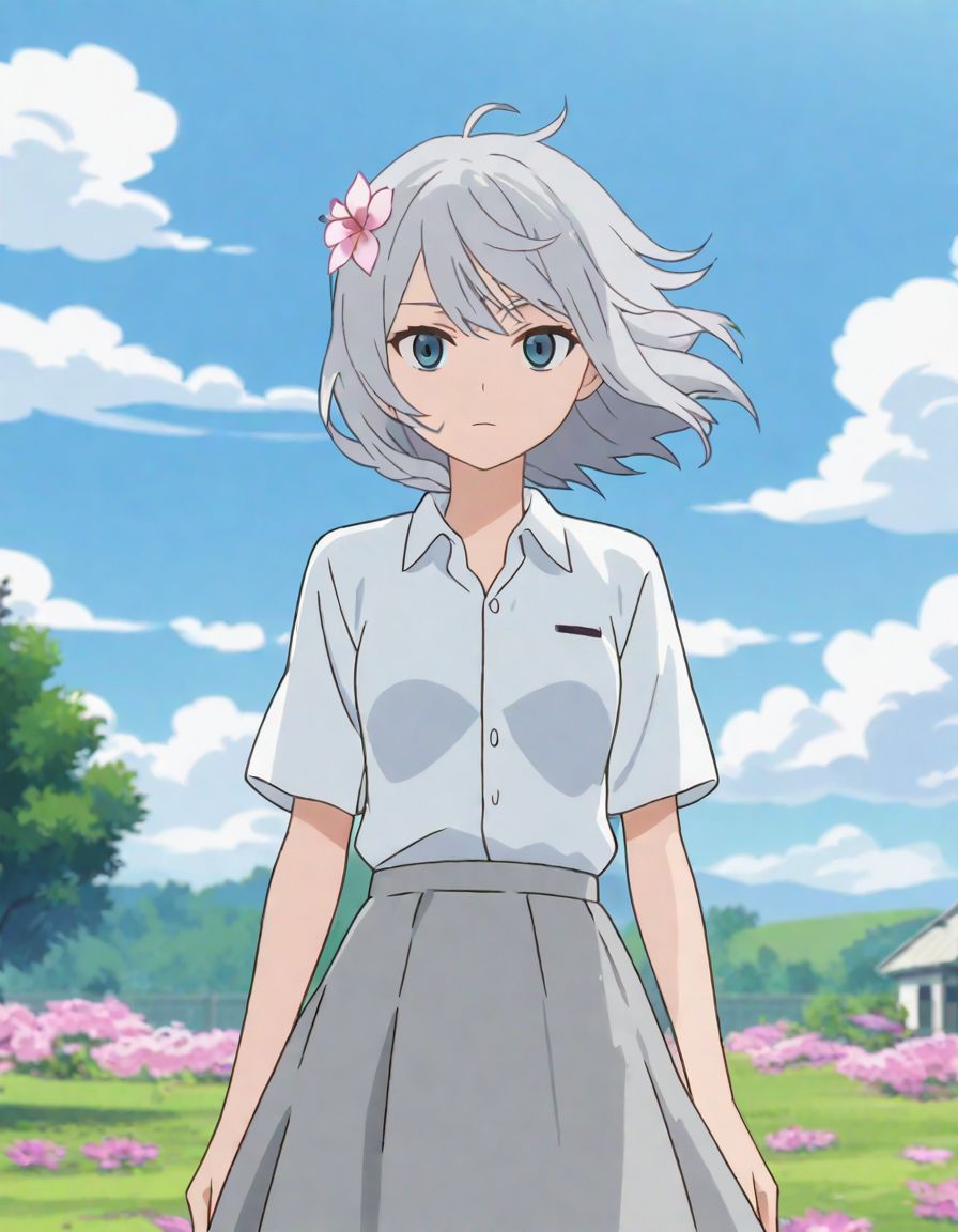 1girl , grey hair, floating hair , (wind:0.8), outdoors , flower , looking at viewer , shirt, skirt, dress , upper body
, scrore_9, score_8_up, score_7_up, screencap
 <lora:rou:1>