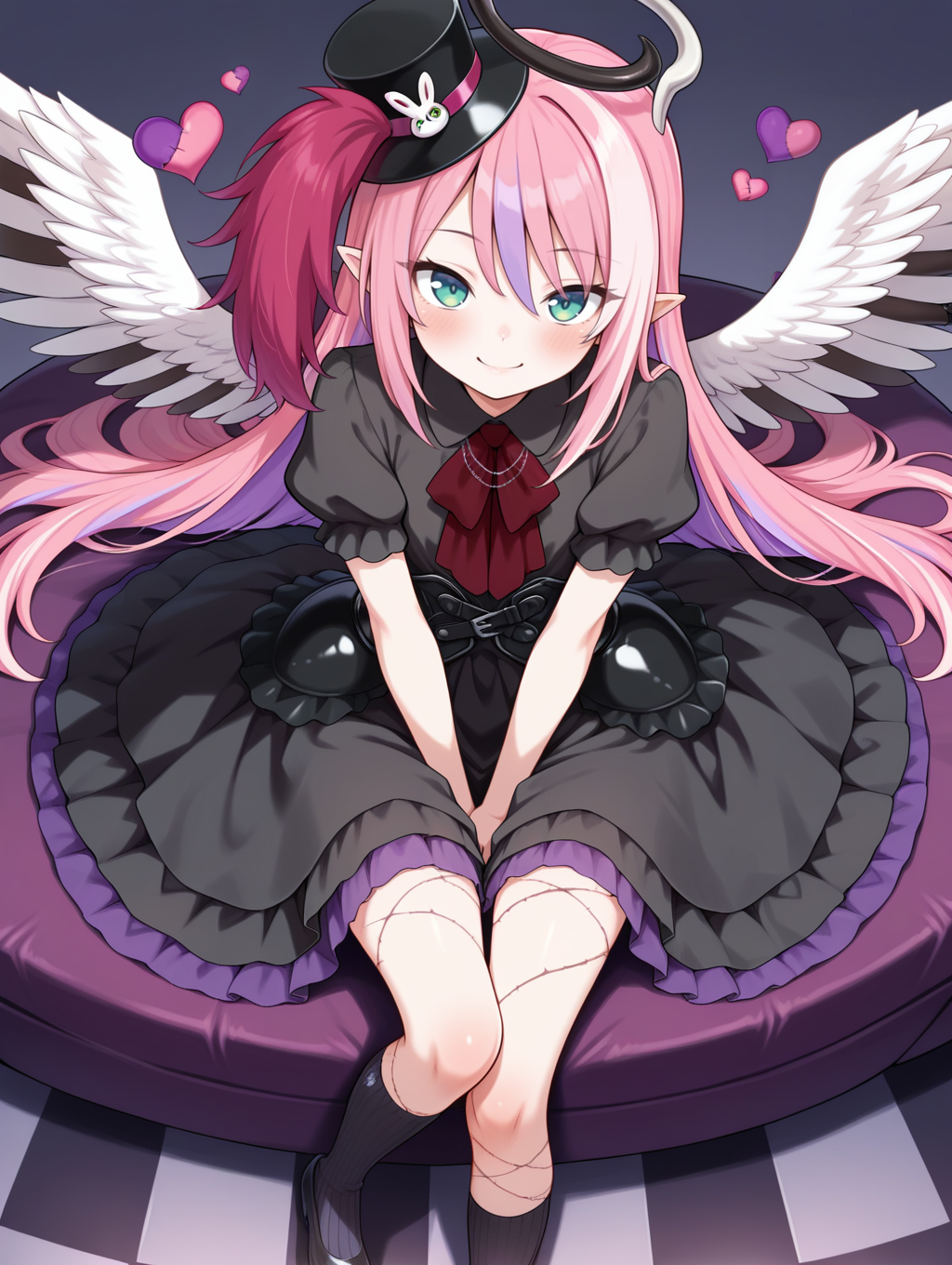 angel,ghostrick angel of mischief,1girl,solo,spread wings,stitched heart,smile,sitting,blush,simple background,looking at viewer,black kneehighs,black layered dress,red ascot,black corset,black mini top hat,black shoes,black nails,veins,from above,checkered floor,
masterpiece,best quality,amazing quality,very aesthetic,absurdres,newest,<lora:Ghostrick Angel of Mischief illusXL v1:0.75>,