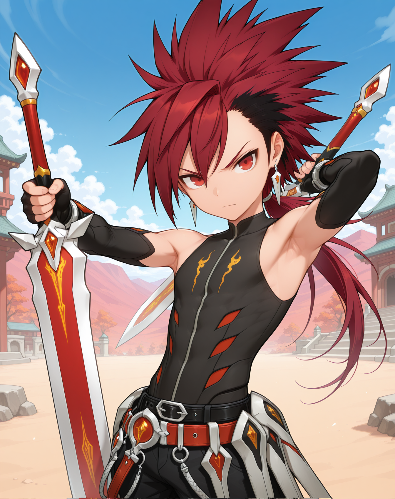 masterpiece, amazing quality, best quality, absurdres, very aesthetic,
1boy, solo, yaoi, male focus, cowboy shot, upper body, looking at viewer, face focus,
<lora:Elsword_Infinity_Sword_ilxl:1>  elswordis, red hair, red eyes, sword, spiked hair, two-tone hair, ponytail, long hair, black hair, multicolored hair,
fingerless gloves, armor, pants, belt, armpits, jewelry, earrings,
holding, weapon, dual wielding, reverse grip,
outdoors, day, blue sky,