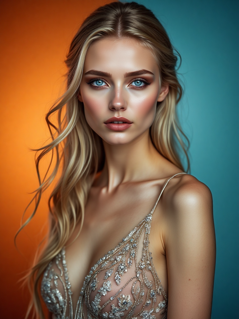 (S4r4h, woman, Scandinavian, skinny, blonde hair, Nordic style hair, blue eyes, detailed eyes): 
Capture a high-resolution portrait of a fashionable female model in a modern photo studio. She has long, flowing hair and is wearing an elegant evening gown that sparkles under soft studio lighting. The background is a smooth gradient of warm orange and teal, complementing the subject’s skin tones. The image showcases the fine details of her jewelry, the texture of her dress, and her flawless makeup. The shot is taken with a Sony A7R IV and 24-70mm f/2.8 G Master lens, highlighting incredible sharpness, vibrant colors, and creamy bokeh. Emphasize realistic skin tones, intricate details in the highlights and shadows, and a cinematic mood with soft focus in the background.