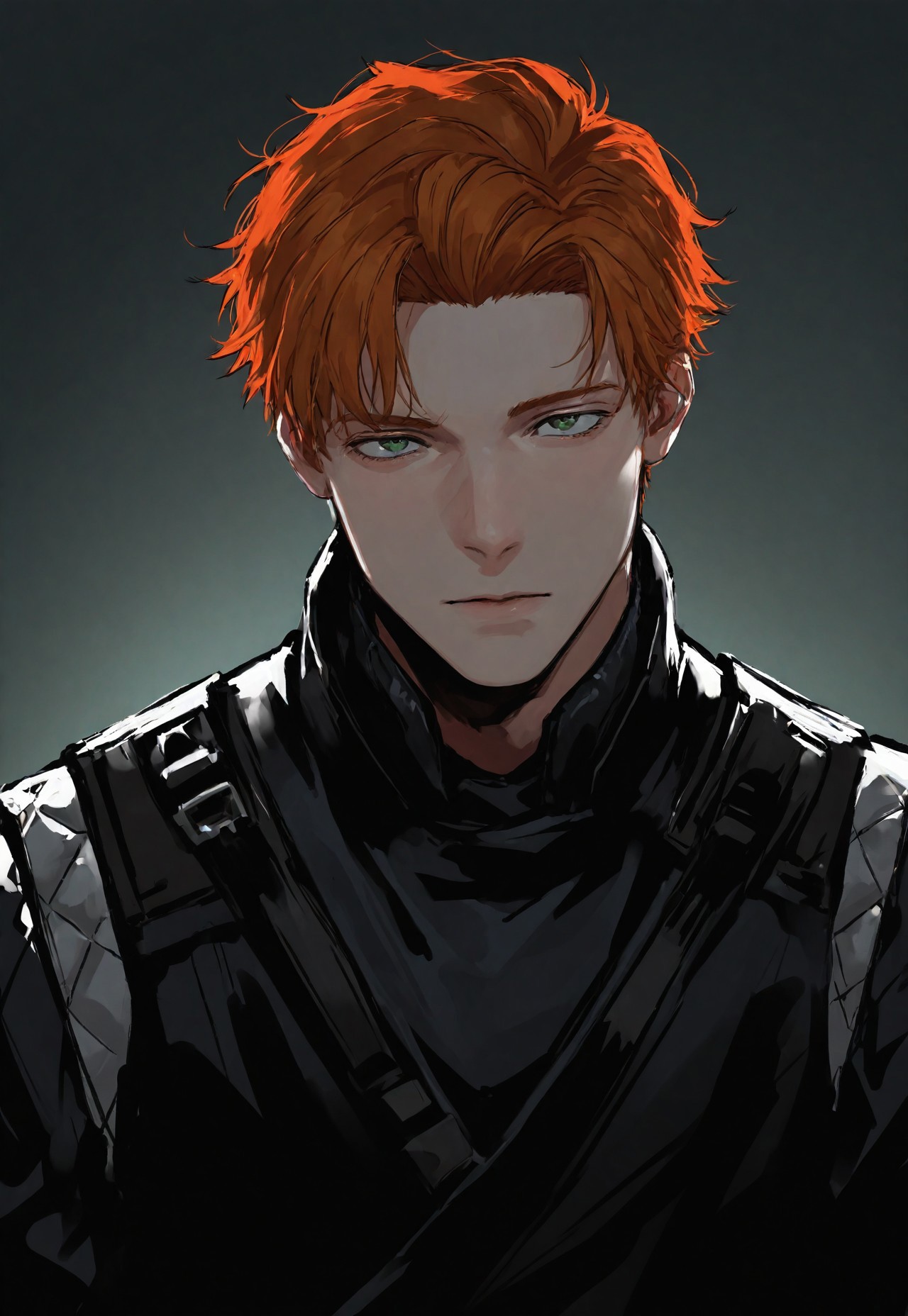 Smooth_Quality, masterpiece, best quality, amazing quality, very aesthetic, absurdres, newest, detailed background, kalKes, 1boy, solo, orange hair, short hair, green eyes, black jacket, padded shirt, vest, portrait