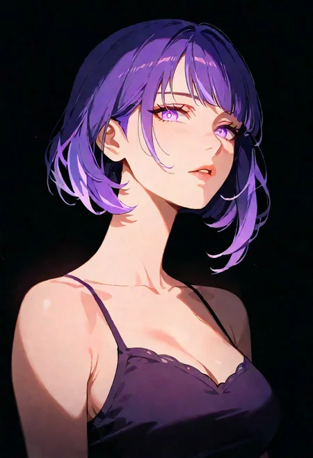 1girl, Raiden Shogun (Genshin Impact), lips, thin lips, parted lips, solo, looking at viewer, camisole, upper body, dark, underlightling, masterpiece, best quality, very aesthetic, purple hair, bob haircut,