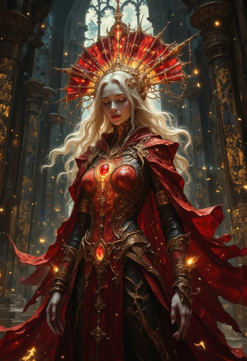 A divine figure stands in a dimly lit cathedral with towering, weathered stone columns and intricate stained glass windows that cast faint, fragmented light across the scene. The woman radiates an ethereal aura, her porcelain skin glowing softly against the shadowy backdrop. She wears a crimson headdress shaped like a fan, adorned with gold filigree and intricate latticework, framing her serene expression. Her flowing, silver-braided hair cascades down her shoulders, blending seamlessly with her regal, transparent glass-like armor. This armor, embedded with ornate red and gold patterns, mimics the texture of molten glass and vines, wrapping around her form like divine craftsmanship.
Her chest plate prominently features a radiant, circular ruby gemstone that seems to pulsate with celestial energy, matching the glowing crimson accents in her flowing cape. The cape billows gently in an unseen breeze, its deep red fabric trimmed with geometric patterns that evoke ancient sacred symbols. Her expression is a serene blend of compassion and authority, her eyes closed as if in silent prayer.
Behind her, the cathedral’s towering walls are etched with ancient runes, and golden ambient light filters through the cracks in the stone, illuminating the dust-filled air. The faint hum of celestial energy permeates the atmosphere, as subtle red and gold particles float around her, completing the aura of divine majesty.
