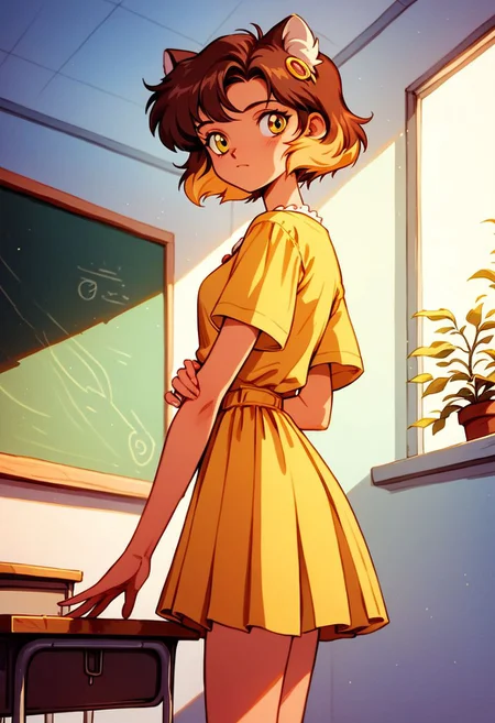 score_9, score_8_up, score_7_up, score_6_up,
human,
brown hair, short hair, school, classroom,
Tigra, 1girl, yellow dress with sun, animal ears,
white caucasian girl, multicolored hair, yellow eyes,
pastel colors, high res image, masterpiece,
90s4n1m3