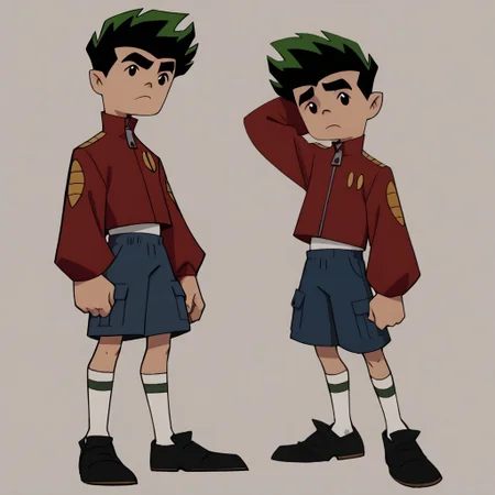 porn, score_9, score_8_up, score_7_up BREAK jlong2, 1boy, spiky black hair, green hairtips, black eyes, thick eyebrows, red jacket with yellow details, blue cargo shorts, socks, black white shoes,
