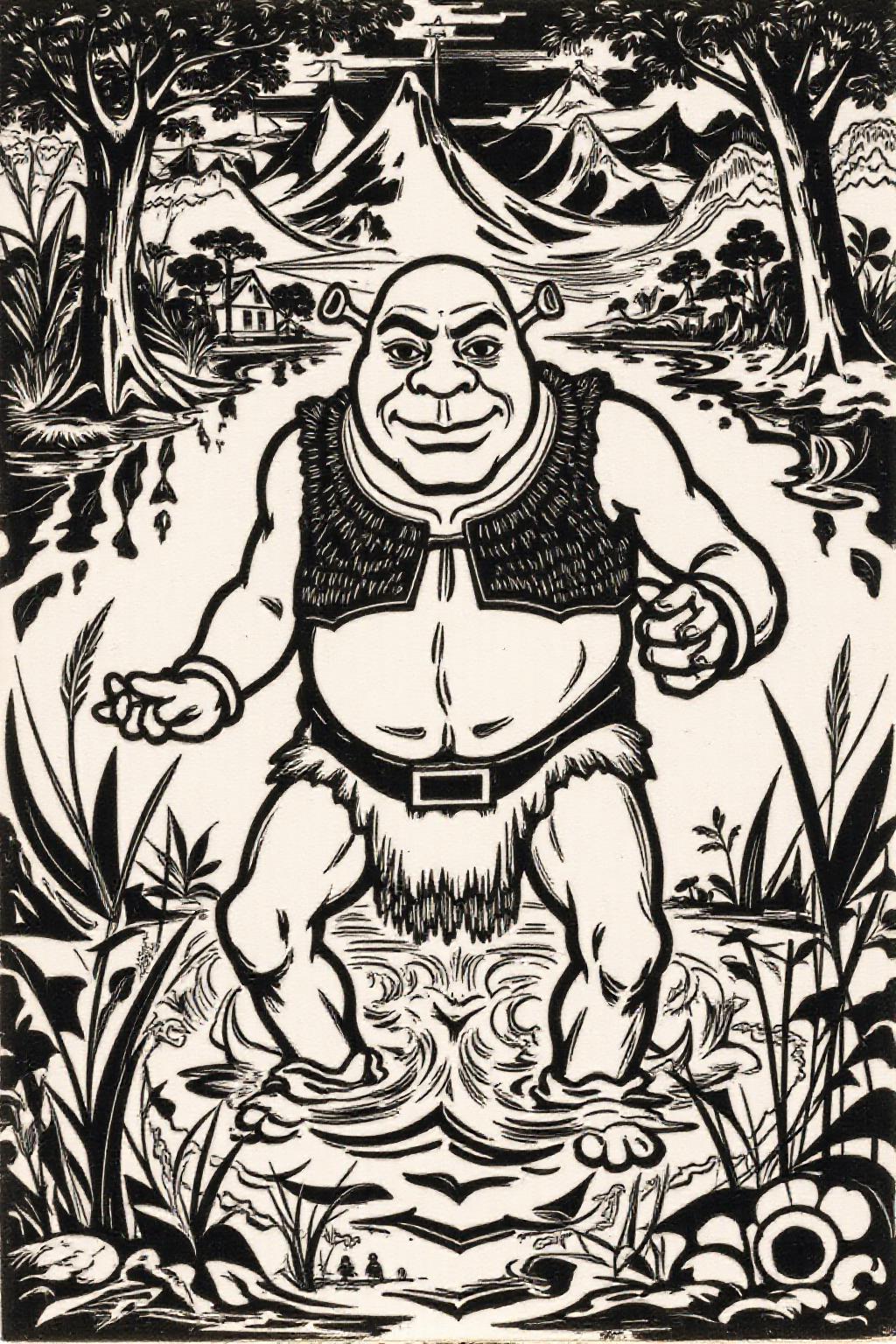 k1ooster black and white drawing of of shrek coming out of a swamp <lora:Flux-Sch-SingleBlocks-BF16:1.0> <lora:Klooster.Noborder.5Cos.D8A4.R20E10:1.0><lora:796086310449414517:0>