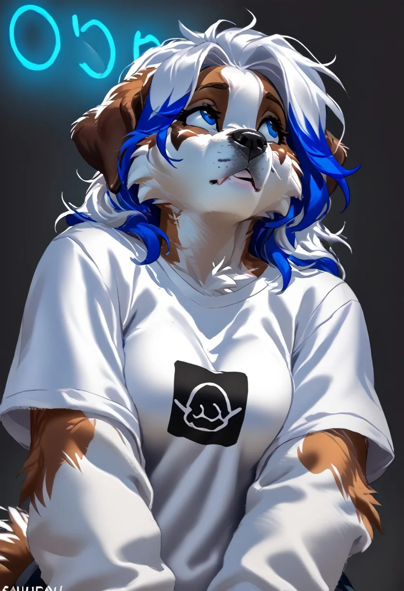 score_9, score_8_up, score_7_up, (by kittydee:1.5), (by jailbird:1.5), (by zummeng:1.5), masterpiece, best quality,
(Furry Art: Anthro: Saint Bernard:1.5), 1girl, expressive eyes, feminine eyes, perfect face, feminine face, dog, canine, multicolored fur, brown fur, white fur, black fur, black fur spots around eyes, floppy ears, (large breasts), perfect face, blue eyes, (multicolored hair), (white hair with neon blue highlights:1.5), (mohawk hair), (t-shirt), jacket,