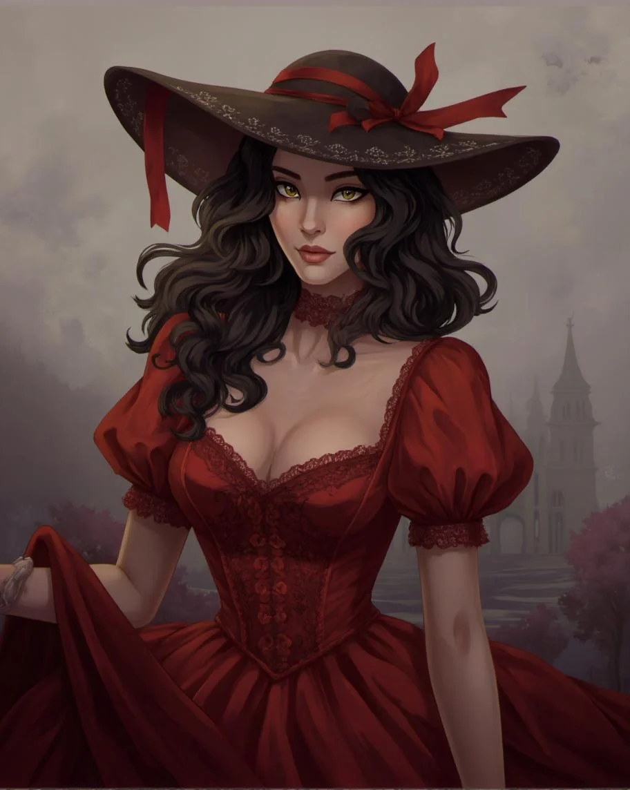 <lora:ck-LttleGhost-000011.safetensors:1> in the style of ck-lttlegh0stA stunning woman in a ravishing red dress with lace trim and puffed sleeves, adorned by dark curly hair cascading down her back beneath an ornate hat with a flowing ribbon. Set against a muted foggy background that amplifies the surreal, yet elegant atmosphere.