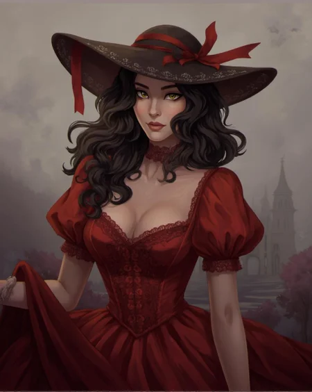 <lora:ck-LttleGhost-000011.safetensors:1> in the style of ck-lttlegh0stA stunning woman in a ravishing red dress with lace trim and puffed sleeves, adorned by dark curly hair cascading down her back beneath an ornate hat with a flowing ribbon. Set against a muted foggy background that amplifies the surreal, yet elegant atmosphere.