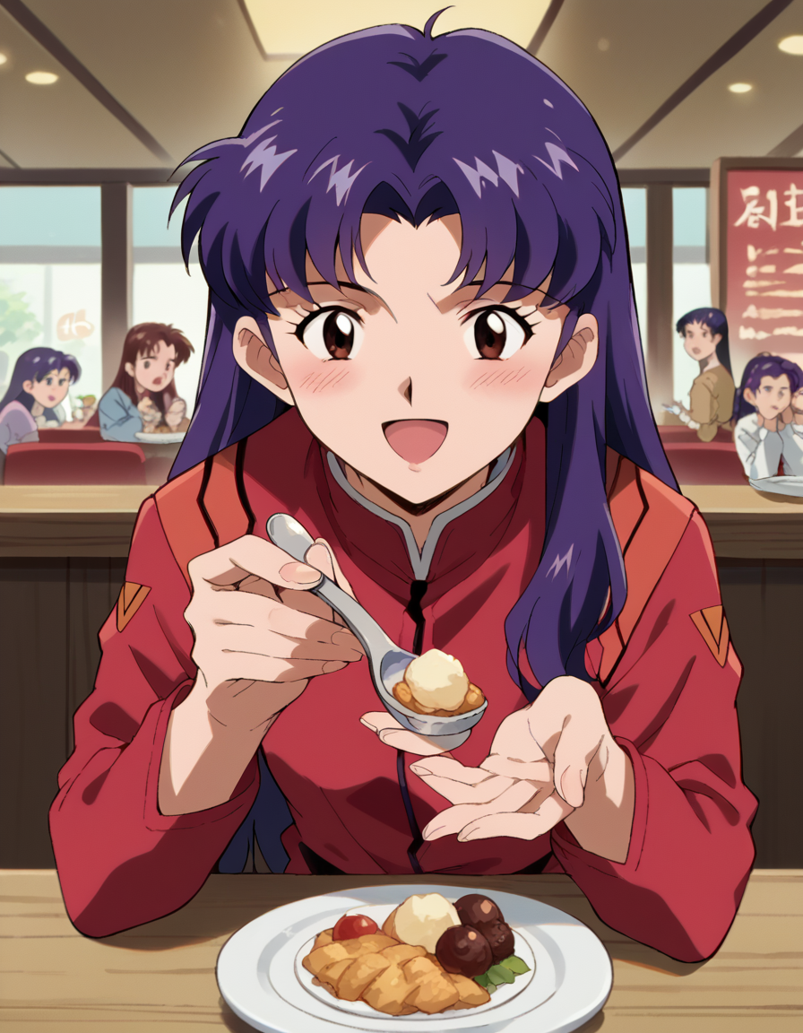 score_9, score_8_up, score_7_up, source_anime, <lora:misato-katsuragi-classic-ponyxl-lora-nochekaiser:1>, misato katsuragi, long hair, brown eyes, purple hair, parted bangs, medium breasts, <lora:incoming-spoon-ponyxl-lora-nochekaiser:1> incoming food, spoon, holding, holding spoon, food, looking at viewer, open mouth, blush, smile, restaurant, plate, hand up,, ,