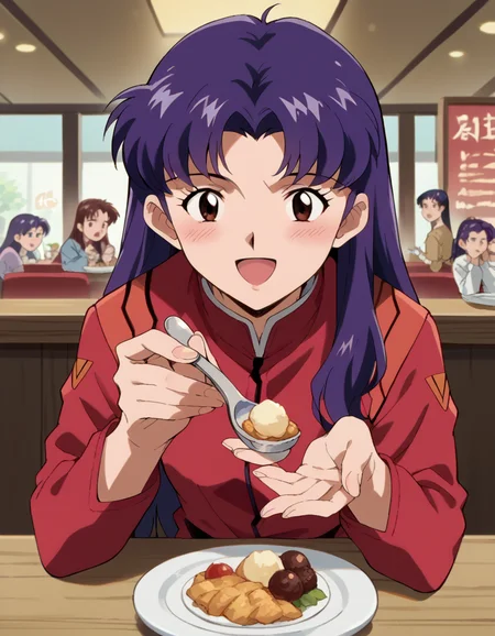 score_9, score_8_up, score_7_up, source_anime, <lora:misato-katsuragi-classic-ponyxl-lora-nochekaiser:1>, misato katsuragi, long hair, brown eyes, purple hair, parted bangs, medium breasts, <lora:incoming-spoon-ponyxl-lora-nochekaiser:1> incoming food, spoon, holding, holding spoon, food, looking at viewer, open mouth, blush, smile, restaurant, plate, hand up,, ,