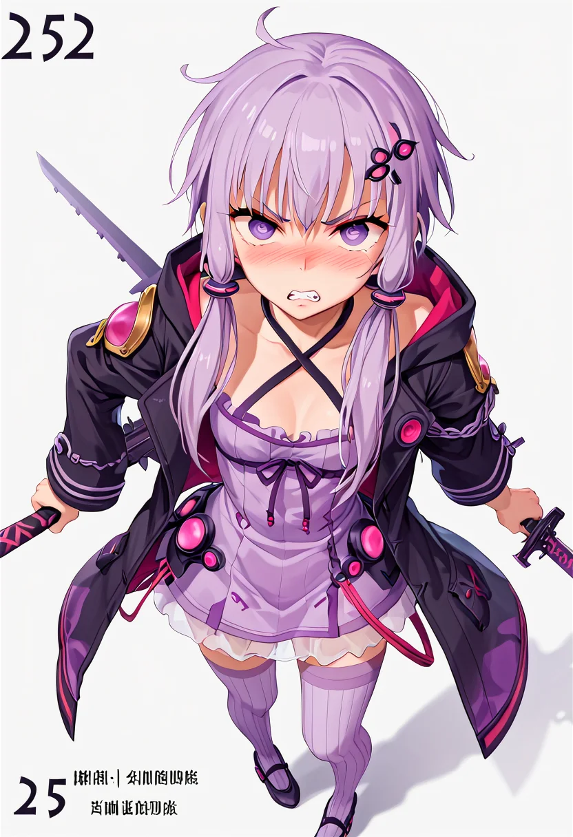 score_9, score_8_up, score_7_up, score_6_up, score_5_up, score_4_up,
<lora:QB_Battle_V1:0.95>1 girl, (cowboy shot) , simple background, white background, Number TEXT, Chines, Chinese text, Japanese text,
(attack, angry, v-shaped eyebrows, blush) ,
from above,, looking up,, full body,,
Armor, shoulder pads, shoulder shields,
purple chainsaw, big chainsaw, big saw,
<lora:YuzukiYukari_MMD_V1:0.9> yuzuki yukari, purple eyes, short hair with long locks, purple hair, hair ornament,
black criss-cross halter, purple dress, purple thighhighs, black jacket, hooded jacket, long sleeves,
