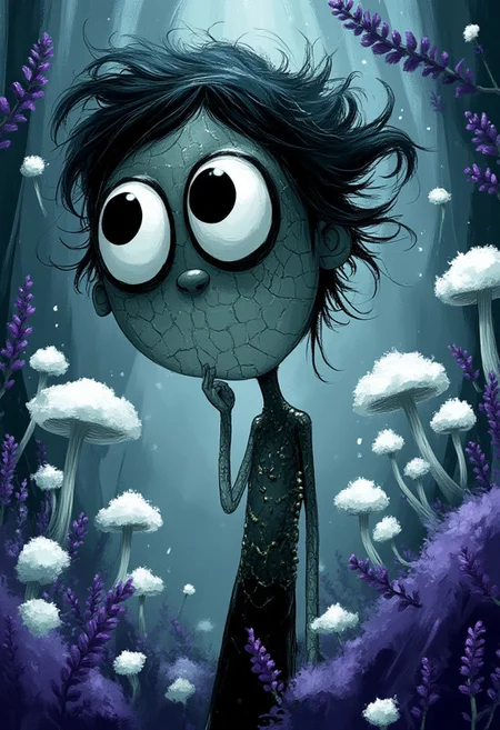 A whimsical illustration of a lanky, elongated woman with enormous, haunting pure white eyes in dark whimsical art style, her impossibly thin fingers delicately touching her pointed chin, skin like cracked porcelain with intricate black fissures stretching across her face, decorated with dripping black beads that catch moonlight, wild flowing black hair moving like smoke, digital painting with ethereal brushstrokes showing delicate textures of broken porcelain and gleaming beads, surrounded by purple lavender and white ghost mushrooms creating misty glow, twilight forest background, characteristic Tim Burton inspired design with eyes appearing like empty moon mirrors