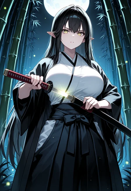masterpiece, best quality, 1girl, solo, black hair, big breasts, pointy ears, very long hair, hair between eyes, (samurai:1.2), japanese clothes, hakama, outdoors, (bamboo forest), full moon, night, battoujutsu stance, ready to draw, fighting stance, unsheathing, sheath, holding sheath, cowboy shot, yellow eyes, (hakama pants), jacket, (haori), fireflies, dark theme, dim lighting, dark background, backlighting, looking at viewer, v-shaped eyebrows, serious, parted lips