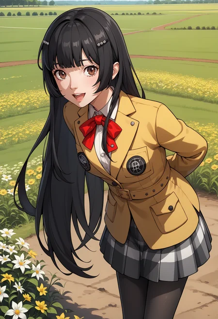 score_9, score_7_up, source_anime, 1girl, looking at viewer, open mouth, happy, arms behind back, leaning forward, <lora:zs_RikoV2XL:1> rikop5x, black hair, very long hair, blunt bangs, hairclip, brown eyes, blazer, shirt, medium breasts, red ribbon, plaid skirt, black pantyhose, field, flower