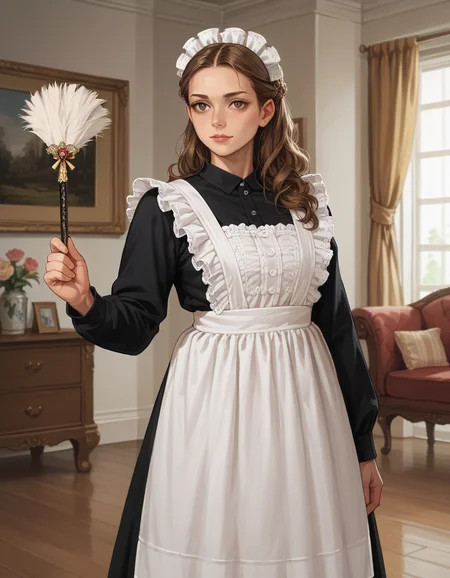 score_9, score_8_up, score_7_up, score_6_up, score_5_up, score_4_up, 1girl, large breasts, brown hair, hud_vic_m4id, black dress, maid apron, frills, maid headdress, <lora:vicmaid-000008:0.8>, feather duster, living room, victorian,
