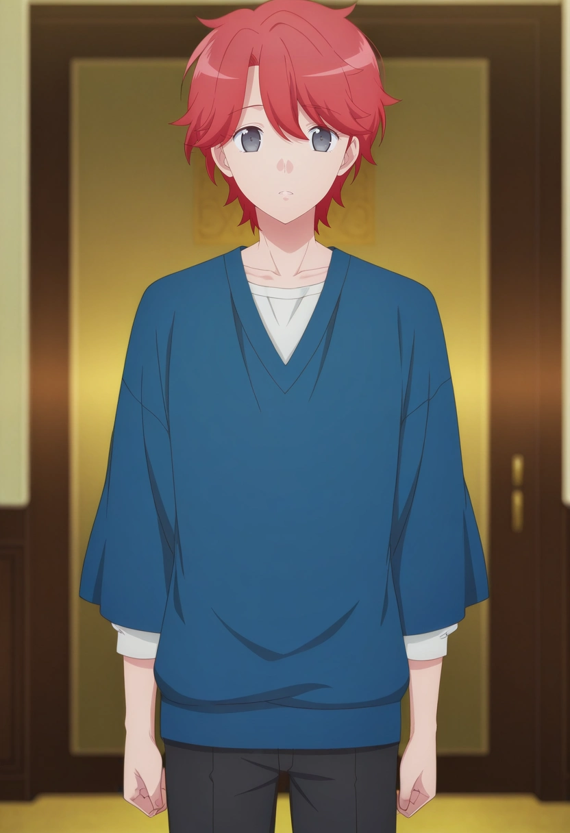 masterpiece, best quality, anime screencap, official style, anime coloring, cowboy shot, 1boy, solo, male focus, <lora:sirius_dieke_ilxl:1>, sirius_dieke, red hair, grey eyes, short hair, ,