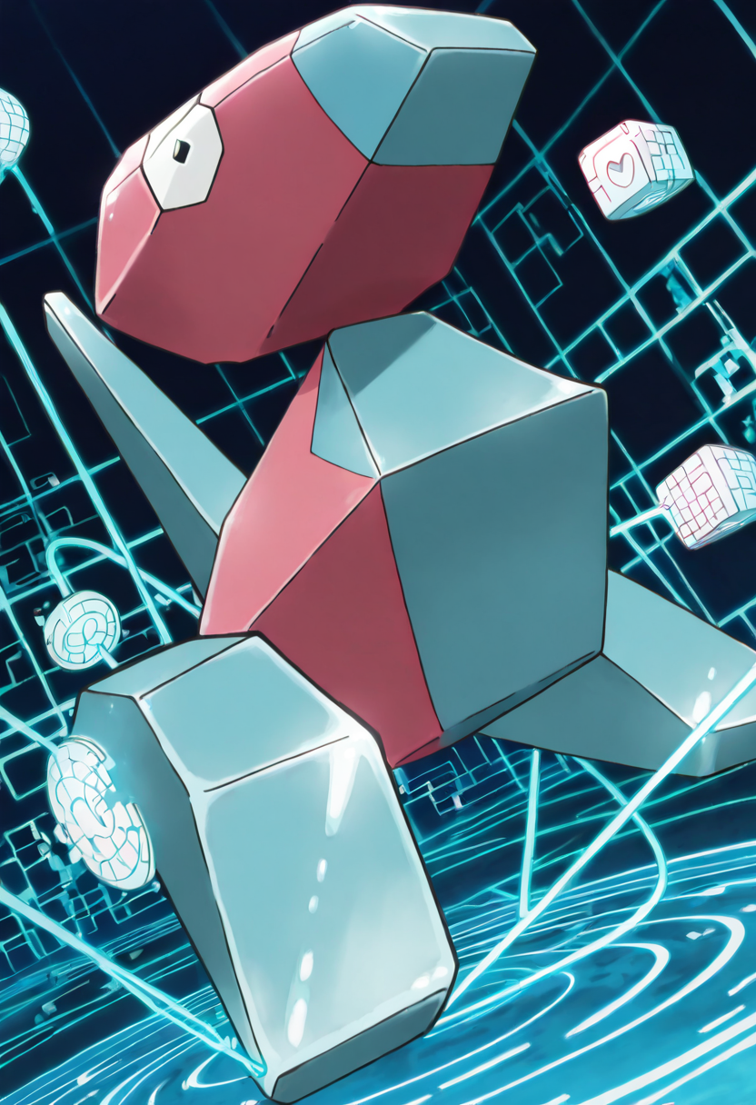 masterpiece, best quality, anime screencap, solo,   zzPorygon, suspended mid-air inside a rotating wireframe cube, digital distortion trailing behind as its form phases between dimensions.   ,<lora:PorygonPokedex_IXL:1.0>,