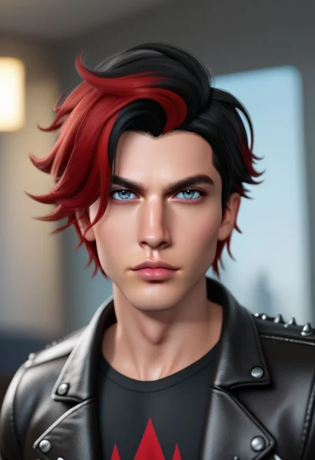vpzdxizz, realistic, multicolored hair, black hair, leather, jacket, solo, leather jacket, blue eyes, looking at viewer, gradient hair, 1boy, male focus, solo focus, shirt, black shirt, blurry background, two-tone hair, black jacket, red hair, lips, short hair, 1boys PonyXLV6_Scores zPDXL