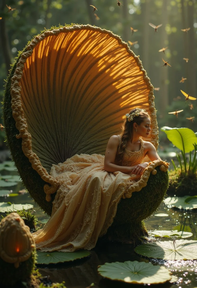 A melancholic, fairy-like mushroom creature with long, flowing hair and a beautifully intricate gown sits on a large, delicate lily pad. She rests on a sofa made of intricately woven leaves, gazing wistfully into the distance. Time seems to slow around her, as the golden sunlight filters through the trees and reflects off the sparkling lake water. Dragonflies and small insects lazily circle around her, creating a serene yet melancholic atmosphere. The scene is bathed in warm, gentle light, as the tranquil lake shimmers under the soft afternoon sun, emphasizing her pensive mood.