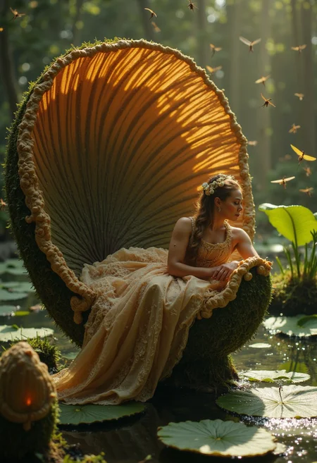 A melancholic, fairy-like mushroom creature with long, flowing hair and a beautifully intricate gown sits on a large, delicate lily pad. She rests on a sofa made of intricately woven leaves, gazing wistfully into the distance. Time seems to slow around her, as the golden sunlight filters through the trees and reflects off the sparkling lake water. Dragonflies and small insects lazily circle around her, creating a serene yet melancholic atmosphere. The scene is bathed in warm, gentle light, as the tranquil lake shimmers under the soft afternoon sun, emphasizing her pensive mood.