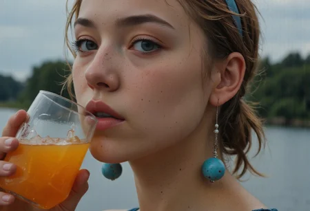 (((Extreme Closeup of her lips drinking from the Glass))), Holding vibrant translucent Amber ICE cold slushy in a Glass with water Drops, sideboob, Drooling, sweating, sweat, extreme Heat, wet skin, sweaty skin, Focus the sideboob, Busty, Realistic analog photo, awesome, high Quality, photorealistic, atmospheric lighting, volumetric lighting, cinematic, Epic Film Quality, dystopian Grey distressed cyberpunk, outworn, , blushed smiling, large bleaked marine-blue translucent sphere pearl earrings, realistic detailed skin, highly volumetric lighting, Cleavage, outside, Overgrown Lake scenery, style of Jan Vermeer, ethereal charming busty goddess with extreme intricate technical parts Face Closeup, wires and cables AS well as translucent Vintage mechanical robotic hoses, vibrant bleaked Red/grey and deep black color graded, Long blonde billowing hair, throwing kiss, Hairband,
